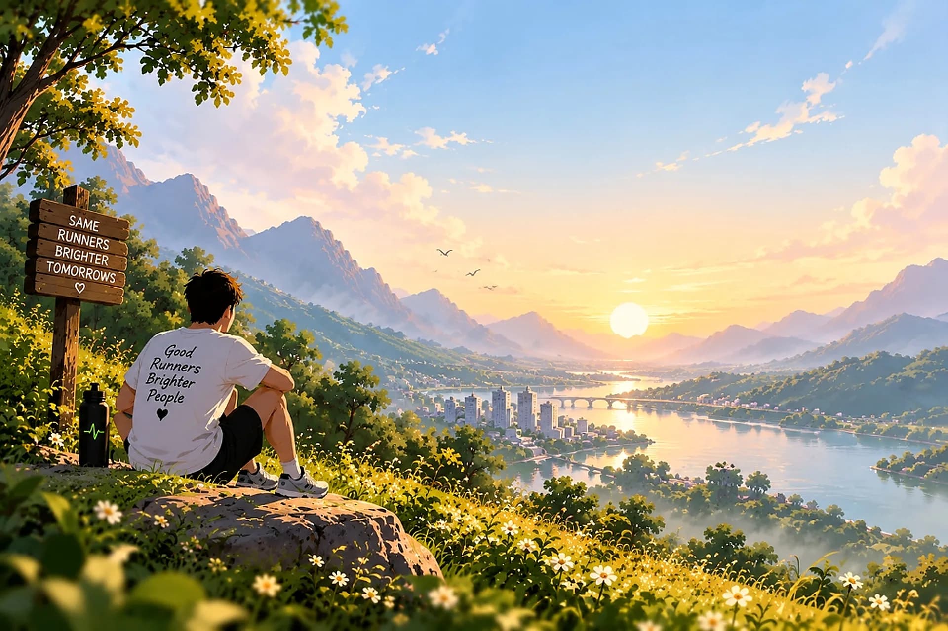 Scenic mountain landscape with runner looking out at sunrise